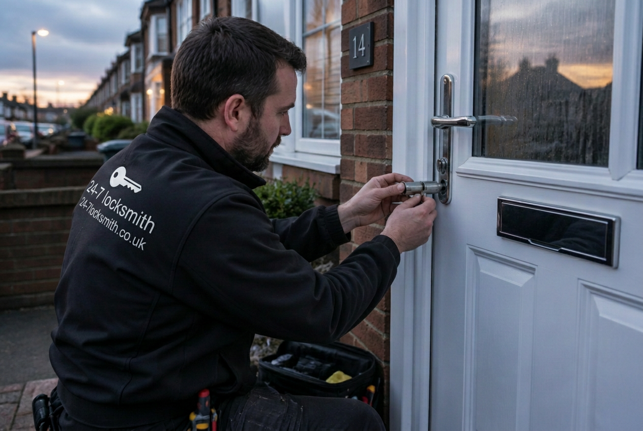Locksmith fitting a new lock on a front door